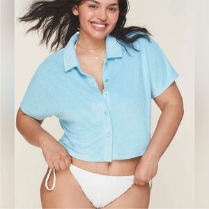 Andie Swim The Cropped Button Up Swim Coverup Terry Shirt Cabana Blue Size S NWT